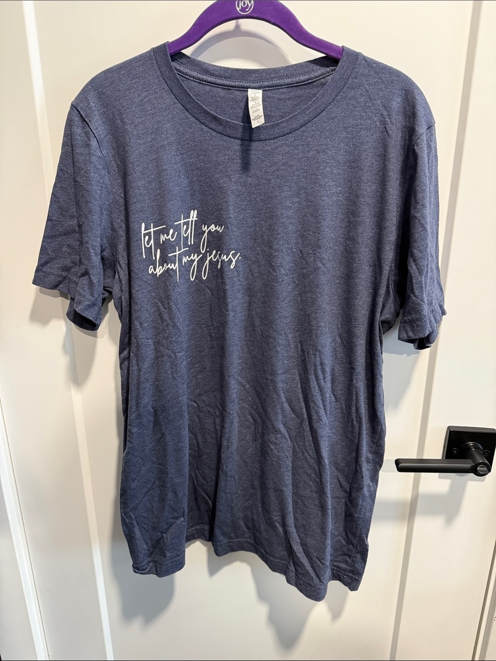 Graphic Tee with Jesus Script Slogan - Navy Heather NWOT Large